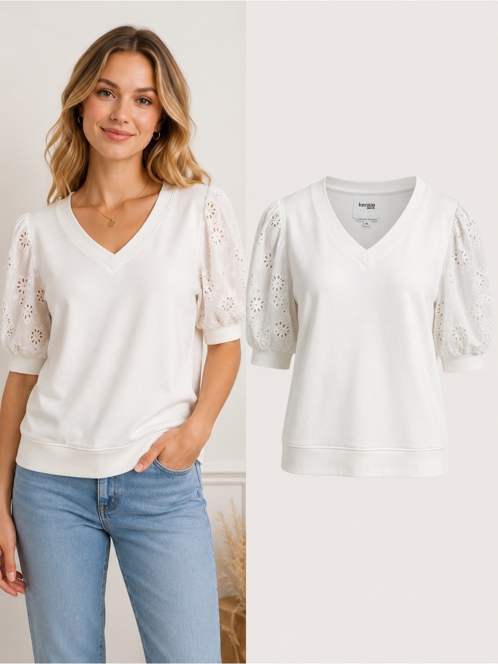 Kensie Jeans | White Eyelet Puff Sleeve Sweatshirt Top | XL Coastal Cottagecore